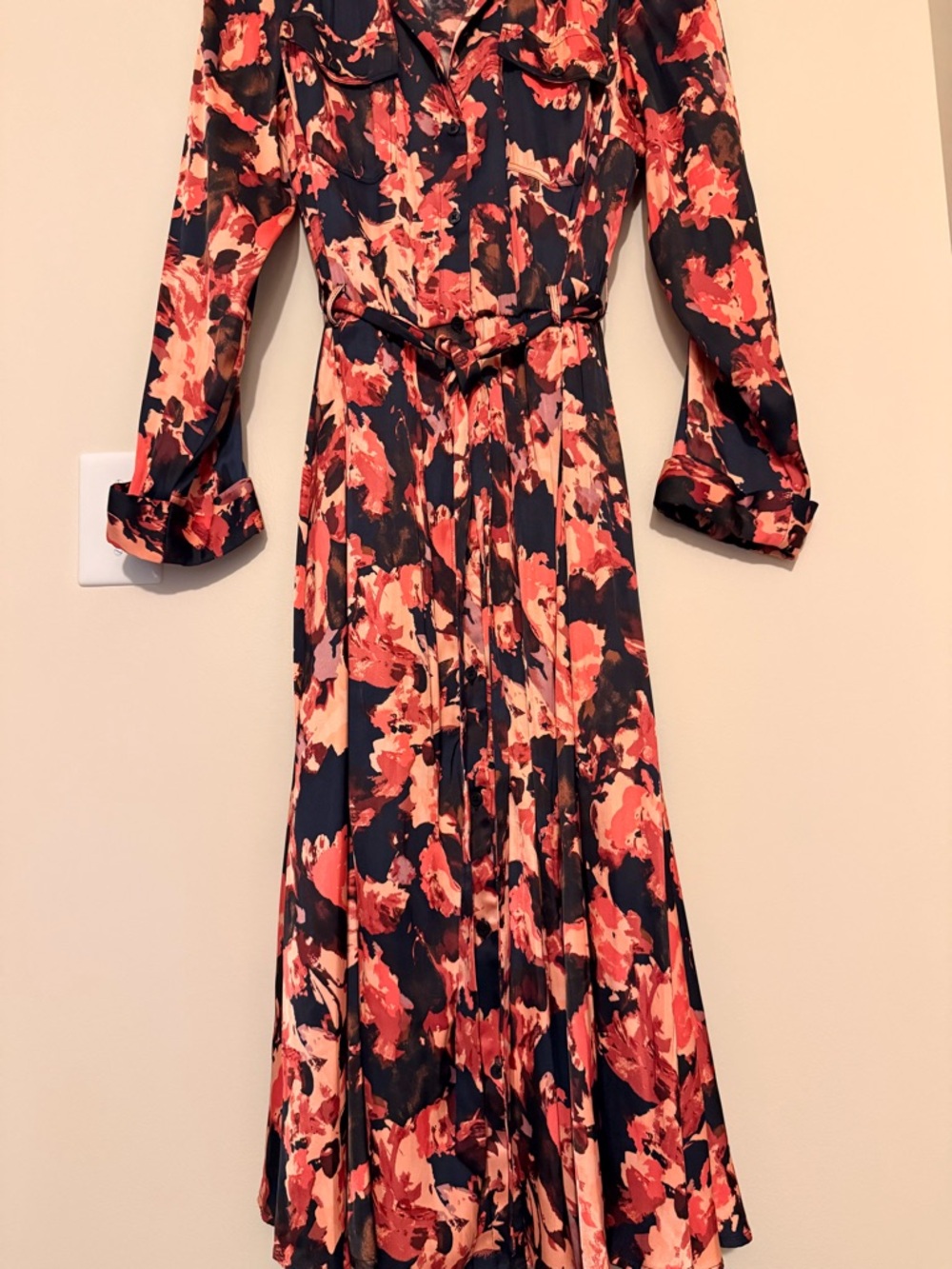 Nine West Floral Maxi Shirt Dress XXL Belted Navy Coral NWOT